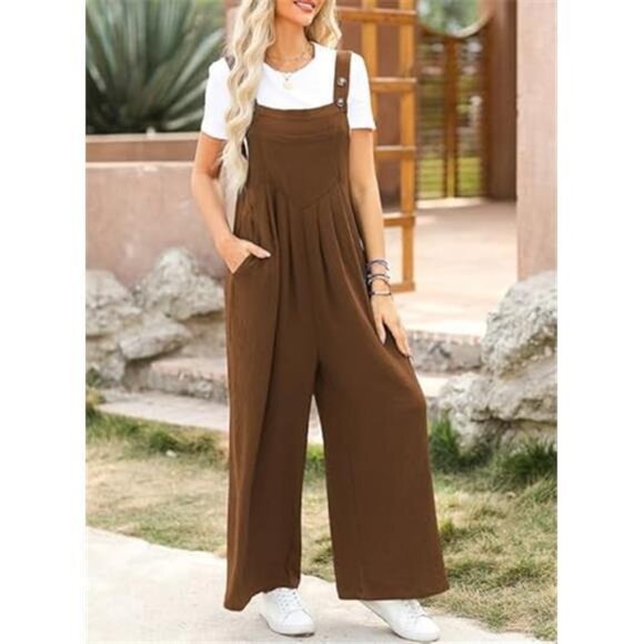 Women's Casual Loose Overalls Jumpsuits One Piece Sleeveless Wide Leg - Picture 4 of 5